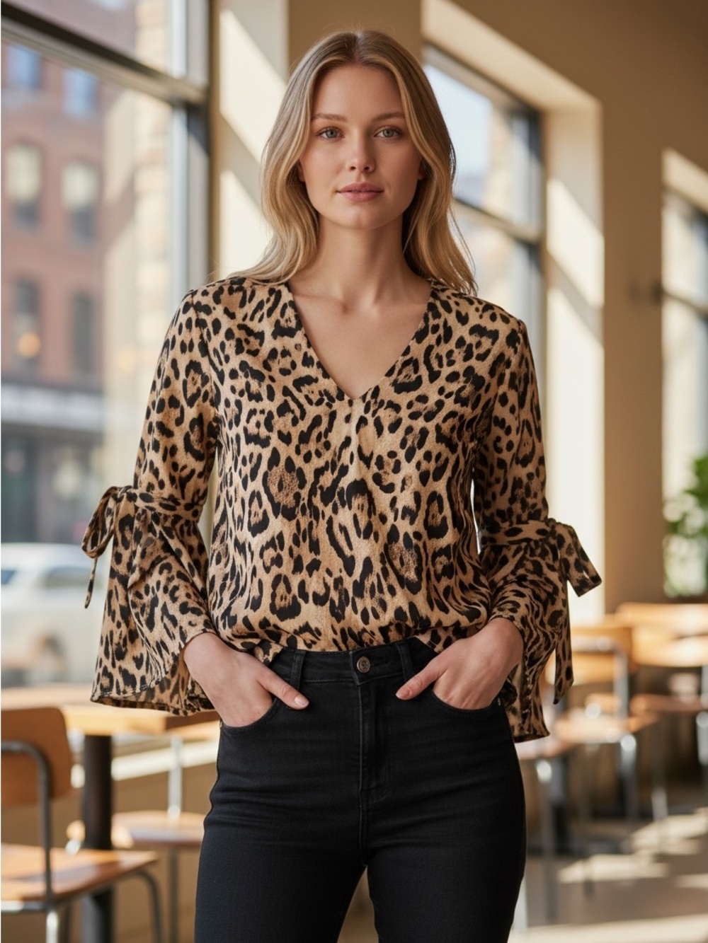 Lily Rose Leopard Print Tie Sleeve Blouse Size Small